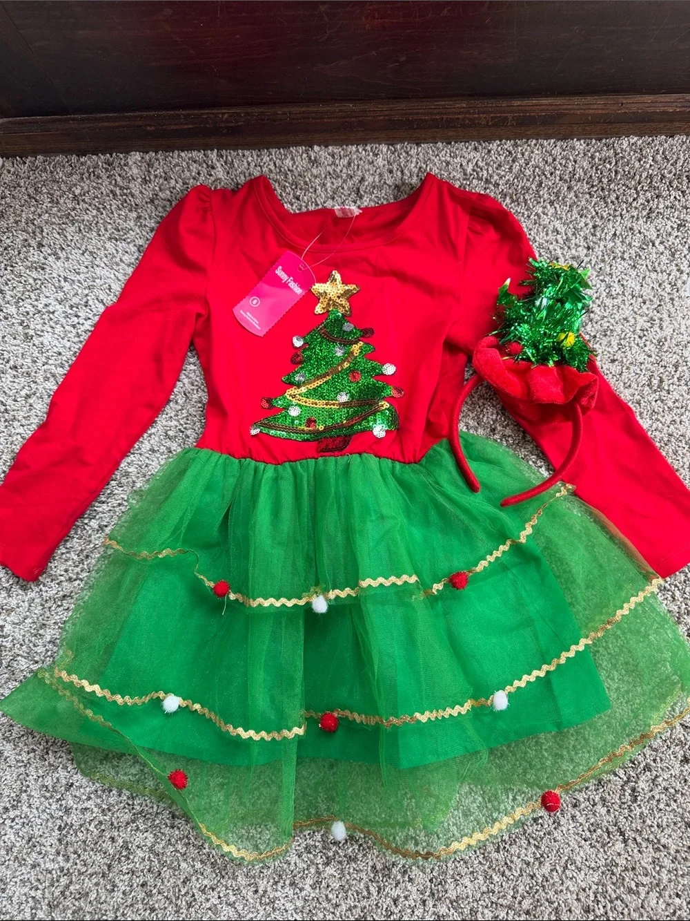 NWT Amazon Girls' Red & Green Christmas Tree Tutu Dress & Tree Headband size 6